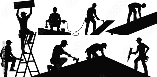 Construction workers silhouettes vector set, builders using tools roofing carpentry repair work isolated illustration