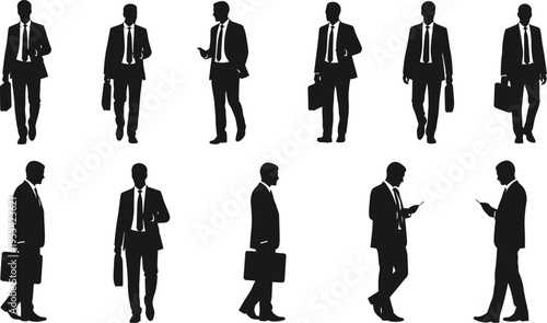 Silhouettes of businessmen in various poses walking and using phone isolated on white background