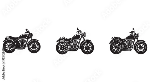 Three black motorcycle silhouettes in different positions facing right isolated on white background