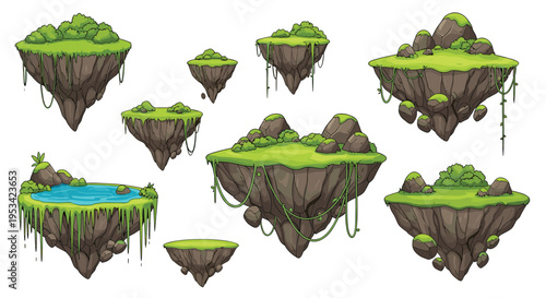Collection of magical floating islands featuring lush grass, trees, vines, and water pools depicted in a detailed pixel art style.