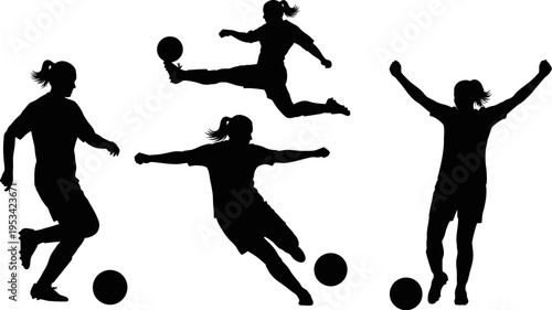 silhouettes of women playing soccer in various poses with balls  action sport