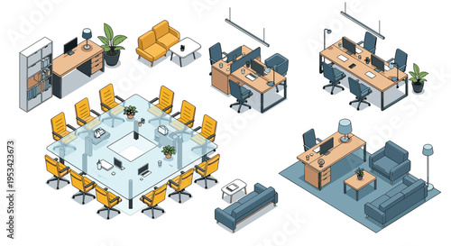 Isometric office workspace layout featuring various furniture pieces like desks, ergonomic chairs, sofas, and a large meeting table.