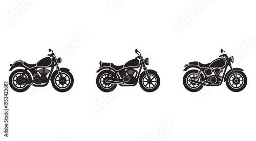 Three black motorcycle silhouettes side views on white background  motorbike icons