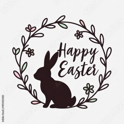 A minimalist, hand-drawn Easter design featuring a bunny and the words 