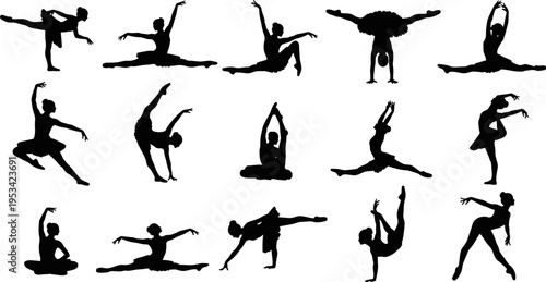 set of black silhouettes of women in various yoga poses on white background