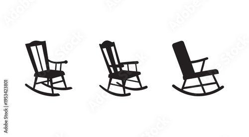 Three black rocking chairs in different positions  side and front views  isolated on white background