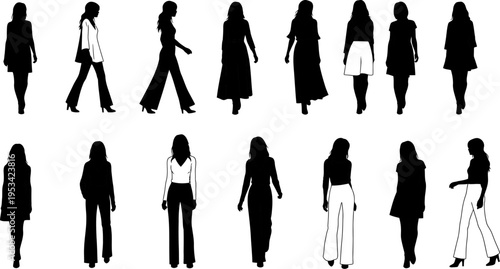 Collection of walking women silhouettes in various outfits and poses on white background