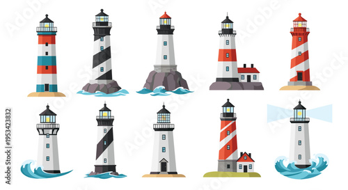 Set of diverse lighthouse illustrations in different colors and architectural styles situated on various coastlines and rocky ocean shores.