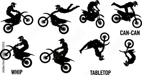 Silhouettes of motorcyclists performing stunts on motorcycles  various tricks and poses