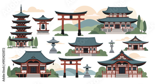 Collection of traditional Japanese architecture and cultural landmarks like pagodas, torii gates, and temples set in a scenic mountain landscape.