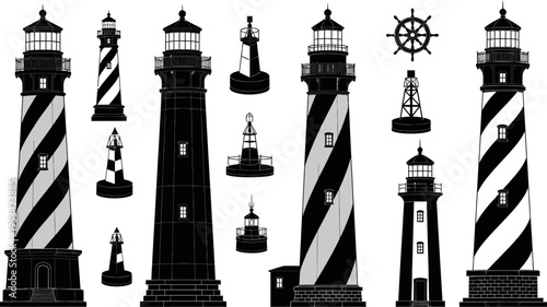 collection of various black and white lighthouse silhouettes with different designs and ship wheel on white background