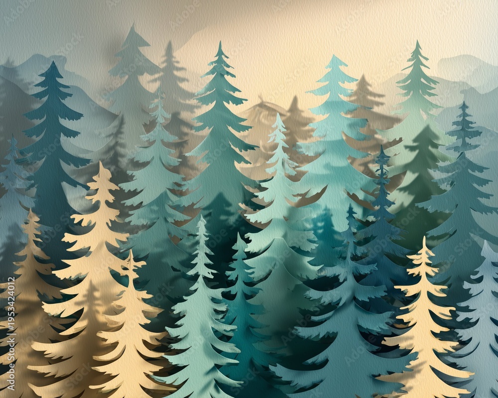 Obraz premium Papercut-style layered pine forest in cool blue and teal tones with misty atmosphere, a serene winter woodland illustration ideal for nature backgrounds, holiday design, and seasonal decor
