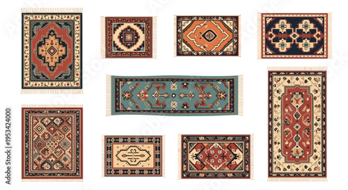 Selection of ornate oriental and persian rugs featuring intricate geometric patterns, floral motifs, and traditional woven designs in rich colors.