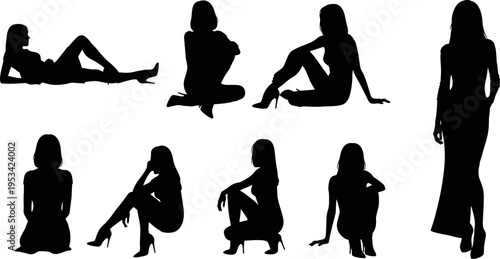 set of female silhouettes in various poses on white background