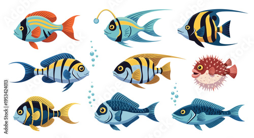 Collection of vibrant tropical sea fish illustrations including an anglerfish, pufferfish, and various colorful striped species in the ocean.