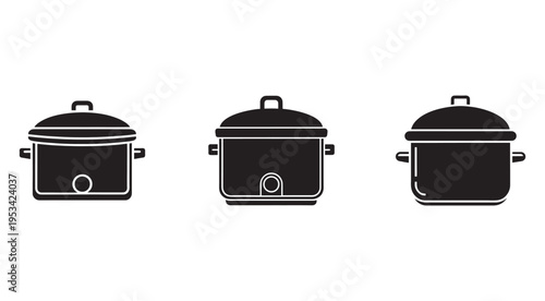 Three black silhouettes of covered pots with handles and lids in different angles  kitchen utensils and cookware for cooking and food preparation