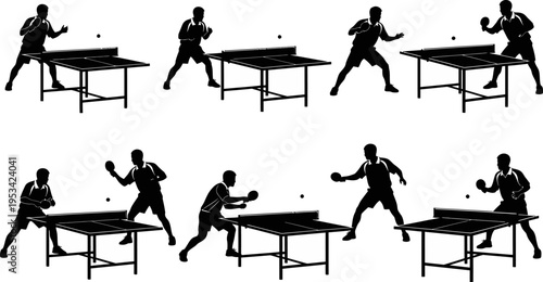 Table tennis player silhouettes in various dynamic poses with ping pong tables and balls
