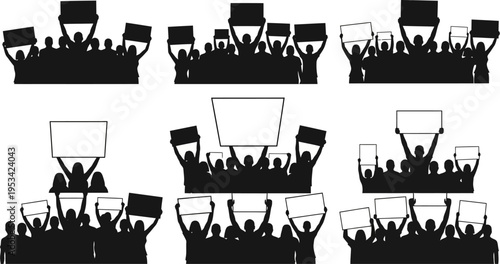 collection of silhouettes of crowds of people holding up signs and banners in protest