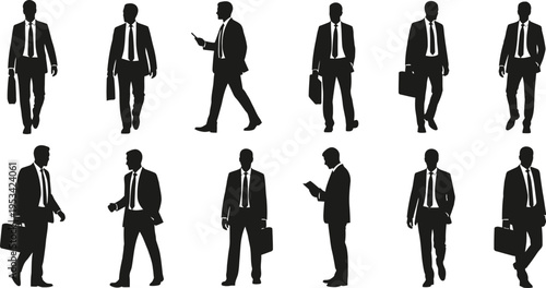 set of silhouettes of businessmen in various poses with briefcases and mobile phones walking and standing