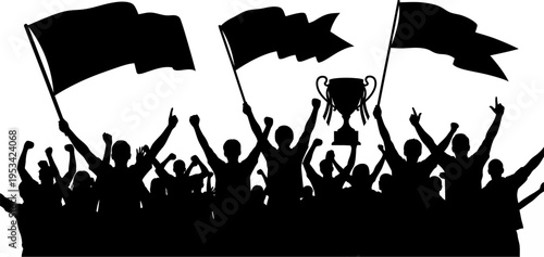 Silhouette of a cheering crowd with flags and a trophy celebrating victory and success