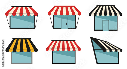 Collection of various small shop front icons with colorful striped awnings and glass display windows representing different retail store types.