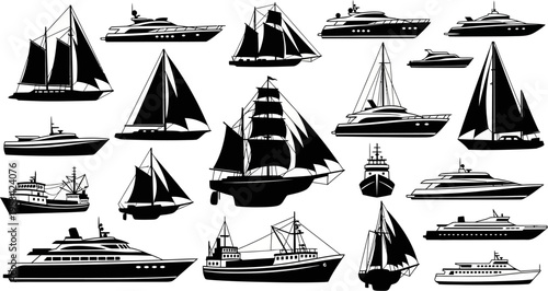 collection of various sailboats and motorboats on white background
