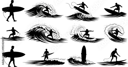 Surfer silhouettes riding waves surfing on ocean with surfboards  various surfing styles and positions