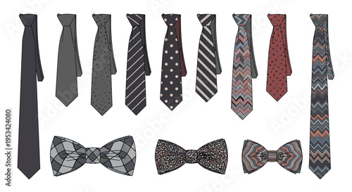 Selection of formal mens neckties and bowties featuring various colors and patterns like polka dots, stripes, zigzag, and plaid designs.