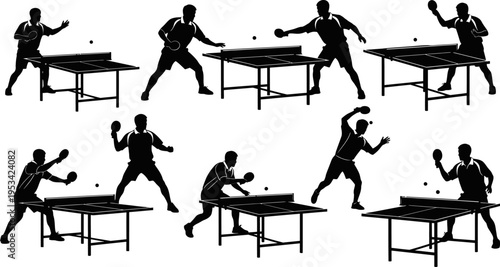 silhouette of men playing table tennis in various poses with rackets and balls  sports action