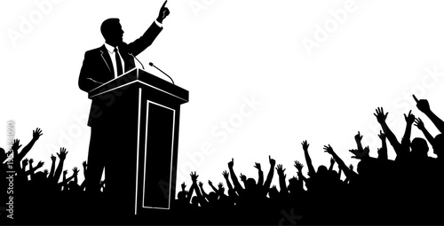 Silhouette of a man in a suit speaking at a podium to a crowd of people with raised hands