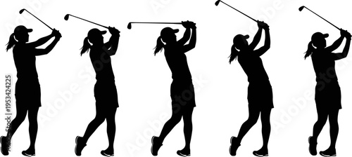 silhouette of woman playing golf in different poses with golf club swings