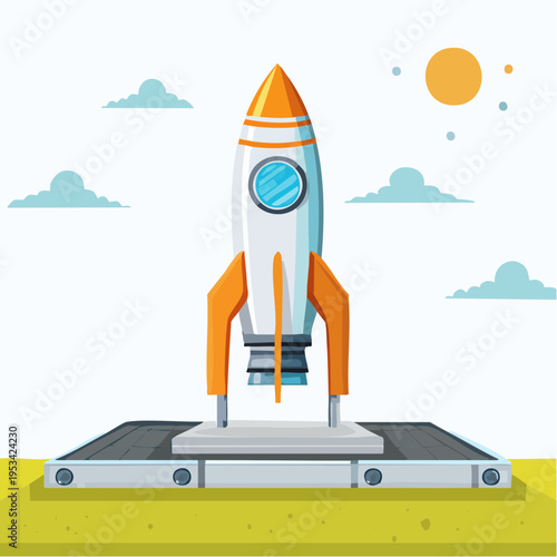Innovative Rocket Ship Ready for Launching into the Sky with Clouds and Sun