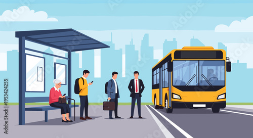 Urban scene showing people waiting at a city bus stop as a large yellow bus pulls up to the curb against a modern skyscraper skyline.