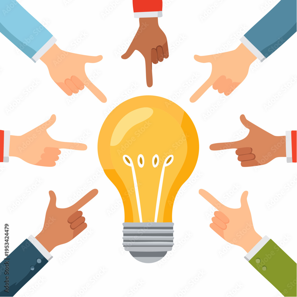 Fototapeta premium Illustration of multiple hands pointing towards a glowing light bulb, representing a shared idea or a brainstorming session