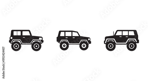 Three black SUV silhouettes in different angles on white background  side views of four door offroad vehicles