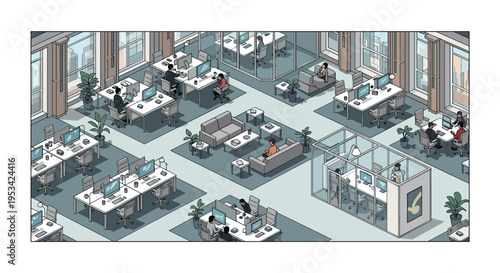 Detailed isometric office floor plan showing a modern open workspace with multiple desks, glass meeting rooms, and comfortable lounge areas.