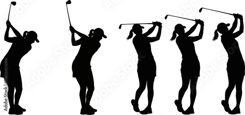 Collection of female golfer silhouettes in various swing positions on white background