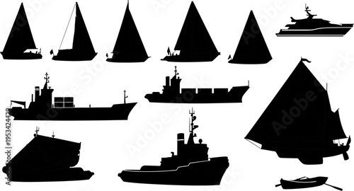 collection of various ship silhouettes on white background for design