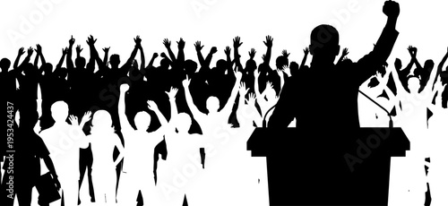 Silhouette of a man speaking at a podium with a crowd of people raising their hands in approval  public speaking and audience reaction