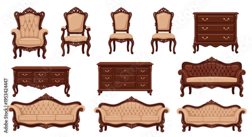 Selection of classic antique furniture pieces including ornate velvet armchairs, plush sofas, and dark wood chests of drawers for luxury interiors.