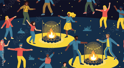 Joyful scene of a diverse group of people dancing and celebrating around multiple campfires under a starry night sky in a forest park.