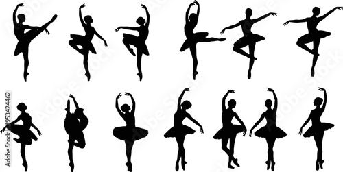 set of black silhouette ballerinas dancing in various poses on white background