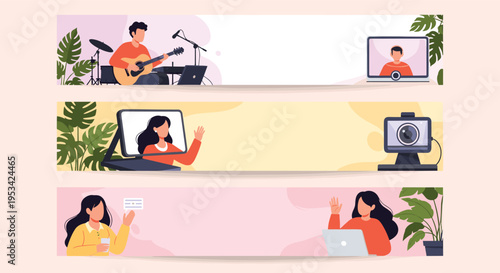 Set of banners depicting online digital activities such as learning guitar, video calling friends, and participating in virtual business meetings.