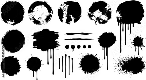 collection of black ink splatters and stains on white background for graphic design