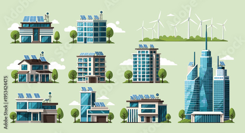 Architectural concept of a sustainable green city featuring modern buildings and skyscrapers equipped with solar panels and wind turbines.