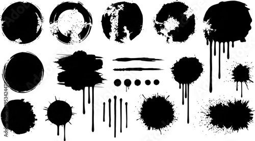 Black ink splatters and paint drops on white background for graphic design