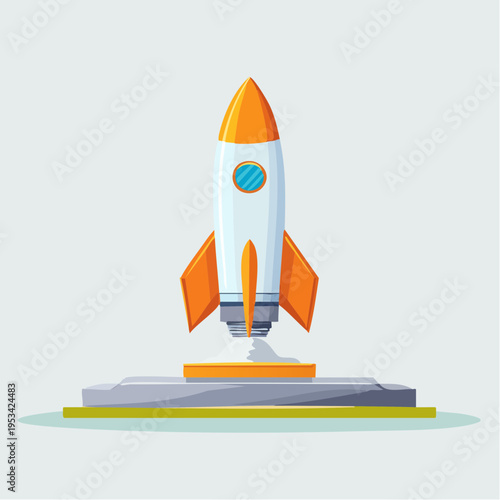 Clean illustration of a modern rocket on its launchpad, ready for liftoff. Symbolizes project launch, startup, new beginnings, ambition, success, and future innovation