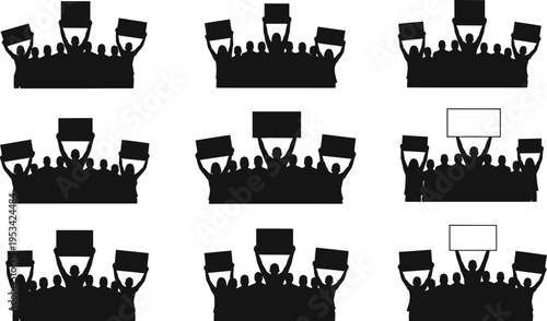 Crowd of people holding signs and protesting in groups on white background