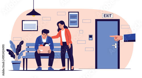 Sad scene of a male employee being fired and carrying a box of belongings while a concerned colleague comforts him at the office exit.