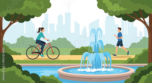 People enjoy outdoor activities in a city park featuring a large fountain, lush trees, and a distant urban skyline.